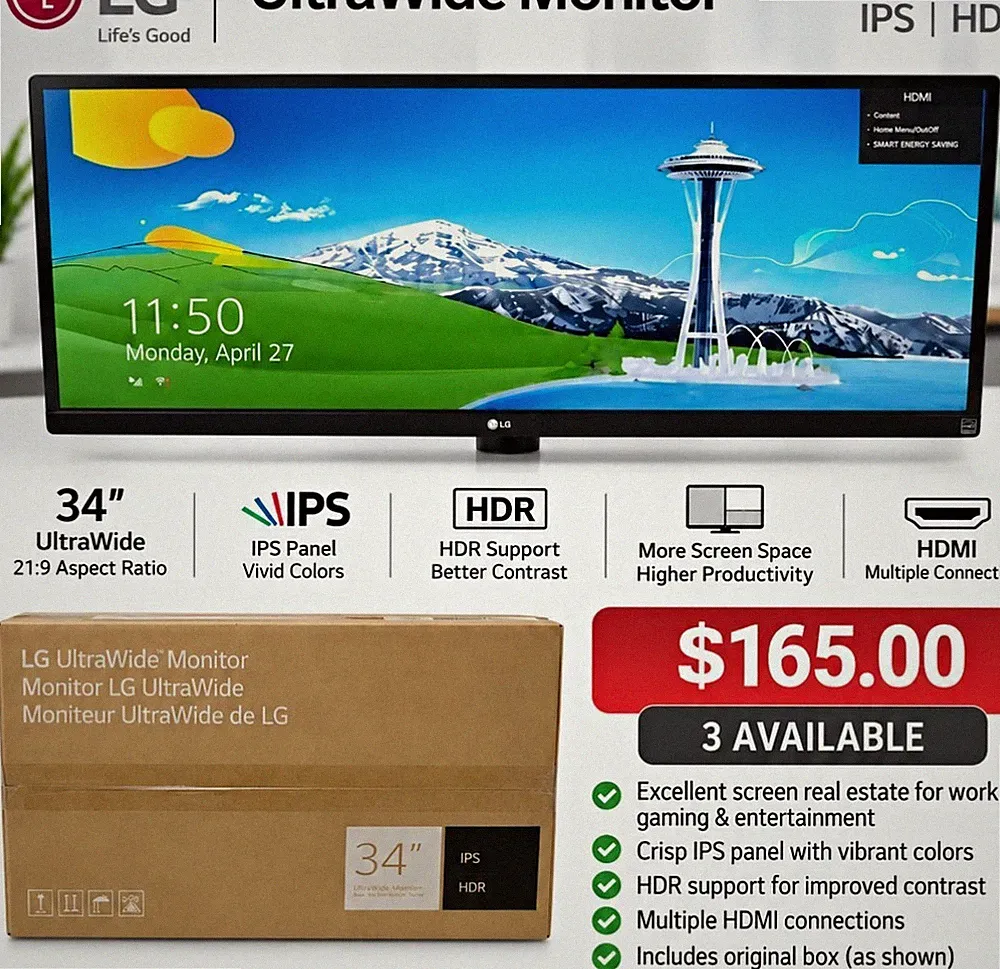 LG UltraWide Monitor 34in IPS 21:9 HDR HDMI Black