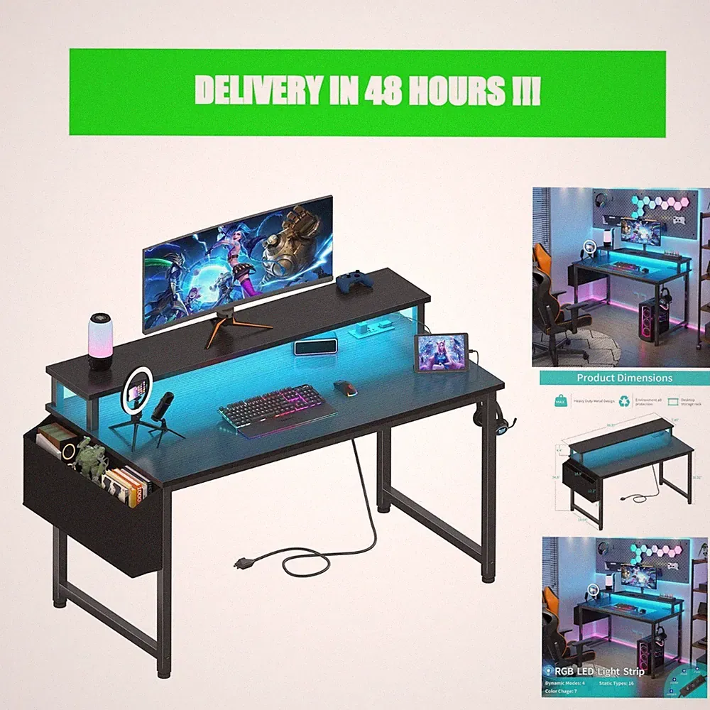 Lufeiya Gaming Desk 40 Inch with LED Lights & Power Outlets Black