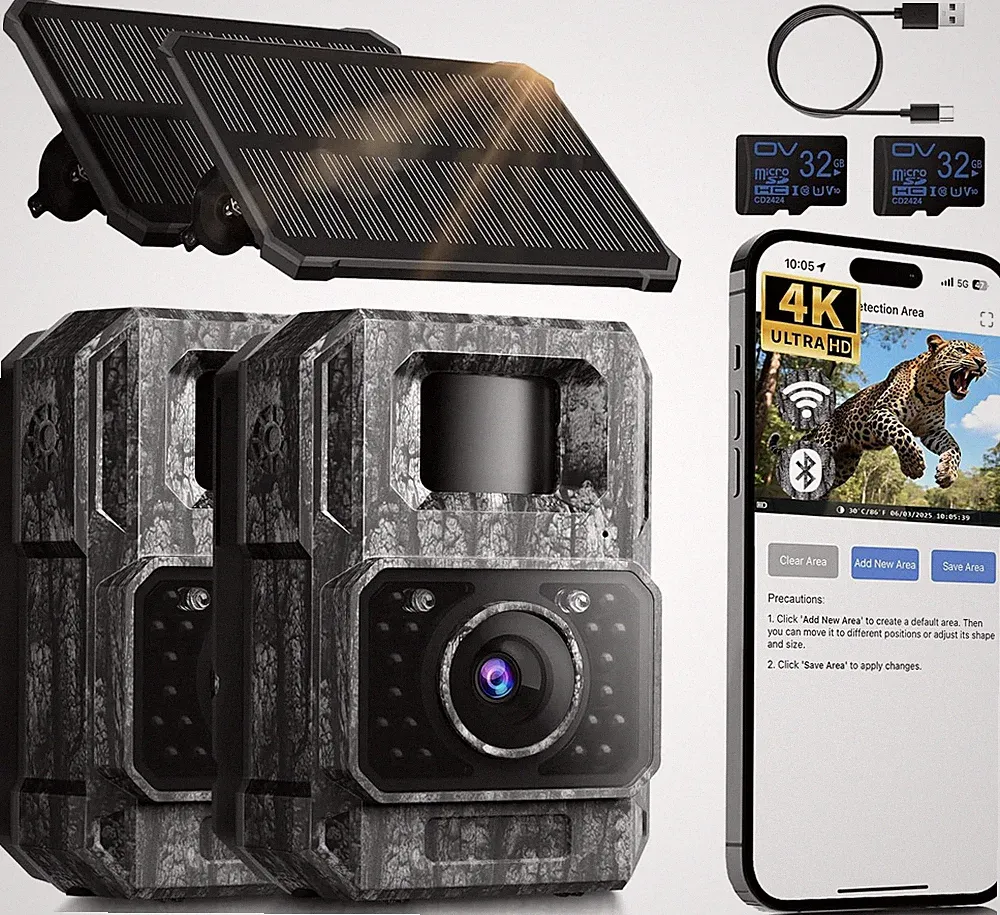 MAXDONE Solar Trail Camera WiFi Bluetooth 2 Pack - 4K 64MP Game Camera with Nigh