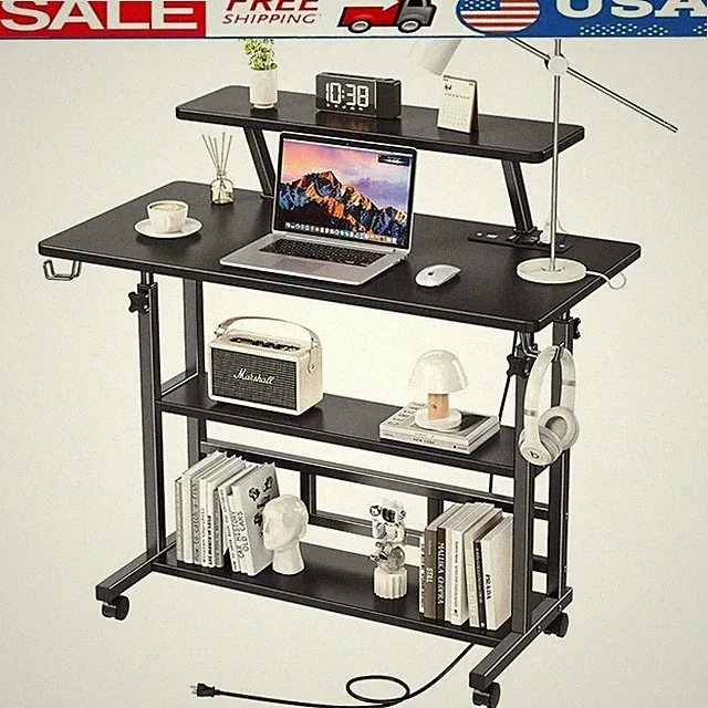 Mobile Adjustable Standing Desk W/ Power Outlets & Storage Caster Wheels New