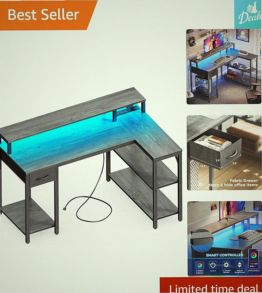 Modern 47-Inch Gaming Desk with Customizable LED Lights & Storage Solutions