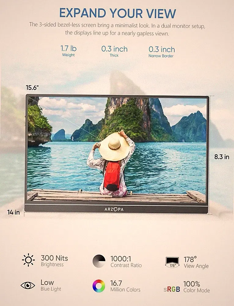 Monitor Laptop Second Screen 15.6" Portable FHD 1080p IPS USB-C HDMI NEW ARZOPA