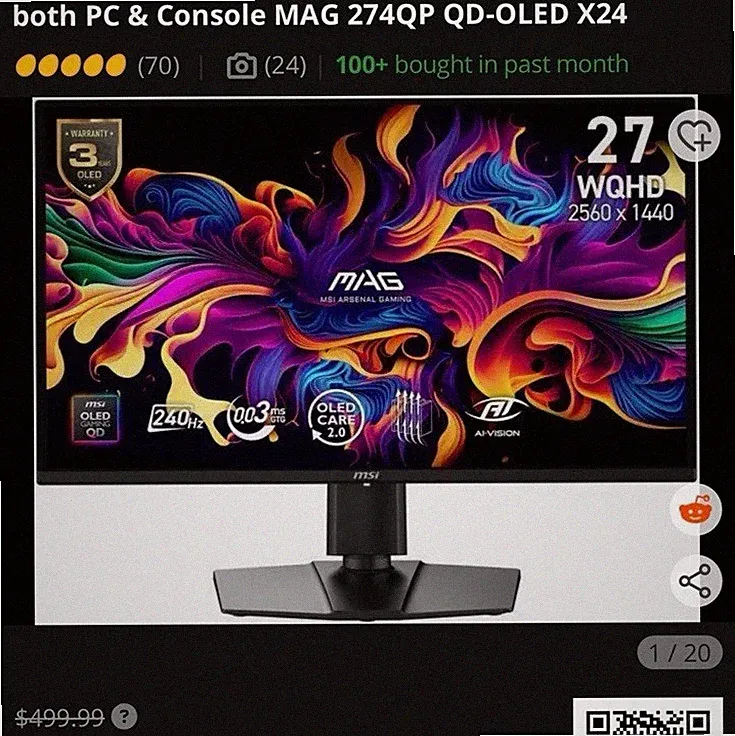 MSI MAG 274QP QD-OLED X24 27" OLED Gaming Monitor 240Hz WQHD Adaptive-Sync