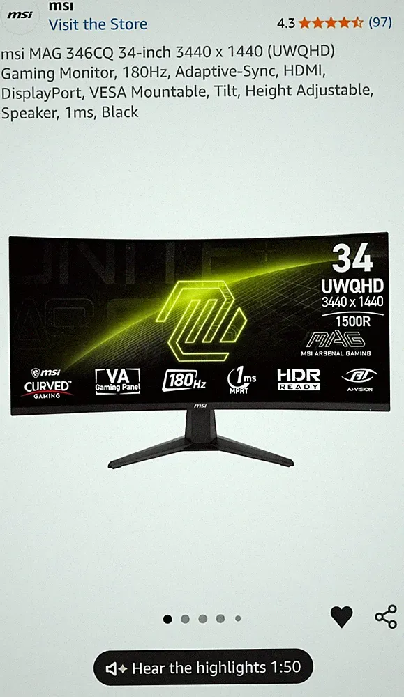 MSI MAG 346CQ - 34-inch 3440 x 1440 (UWQHD) Curved Gaming Monitor, 180Hz