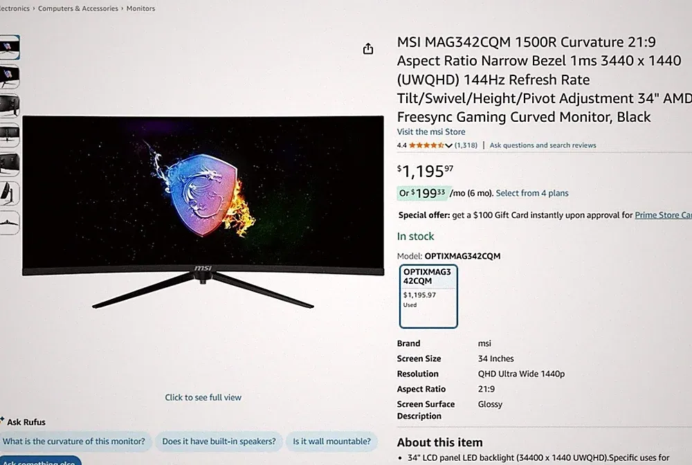 MSI Optix MAG342CQ 34 Inch Ultrawide Gaming Monitor 144hz UWQHD