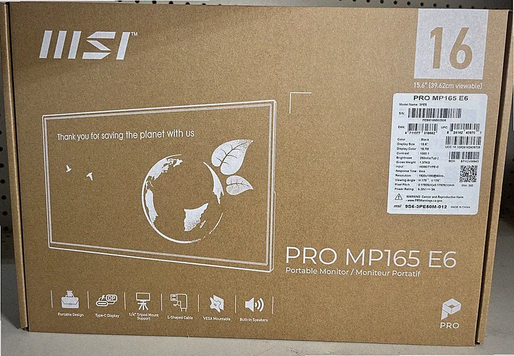 Msi Pro MP165 E6 Ultra Slim & Light Portable Monitor, 15.6" FHD IPS 1080P