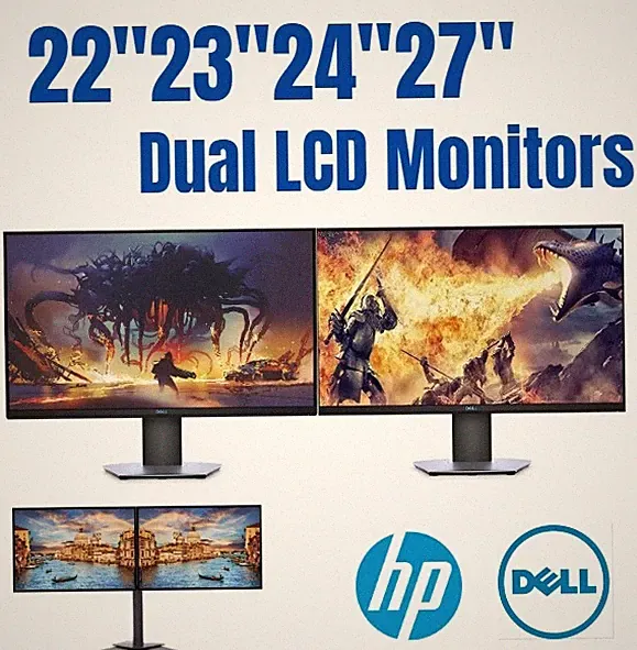 OEM Dell HP Dual 22" 23" 24" LCD Widescreen Monitor FHD 1080p W/Stand Cables