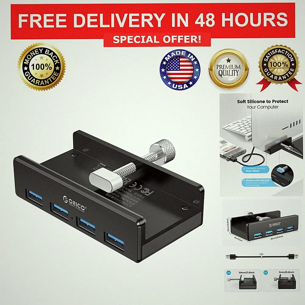 ORICO USB 3.0 Hub 4-Port Clamp Aluminum Splitter for Monitor Desk Black