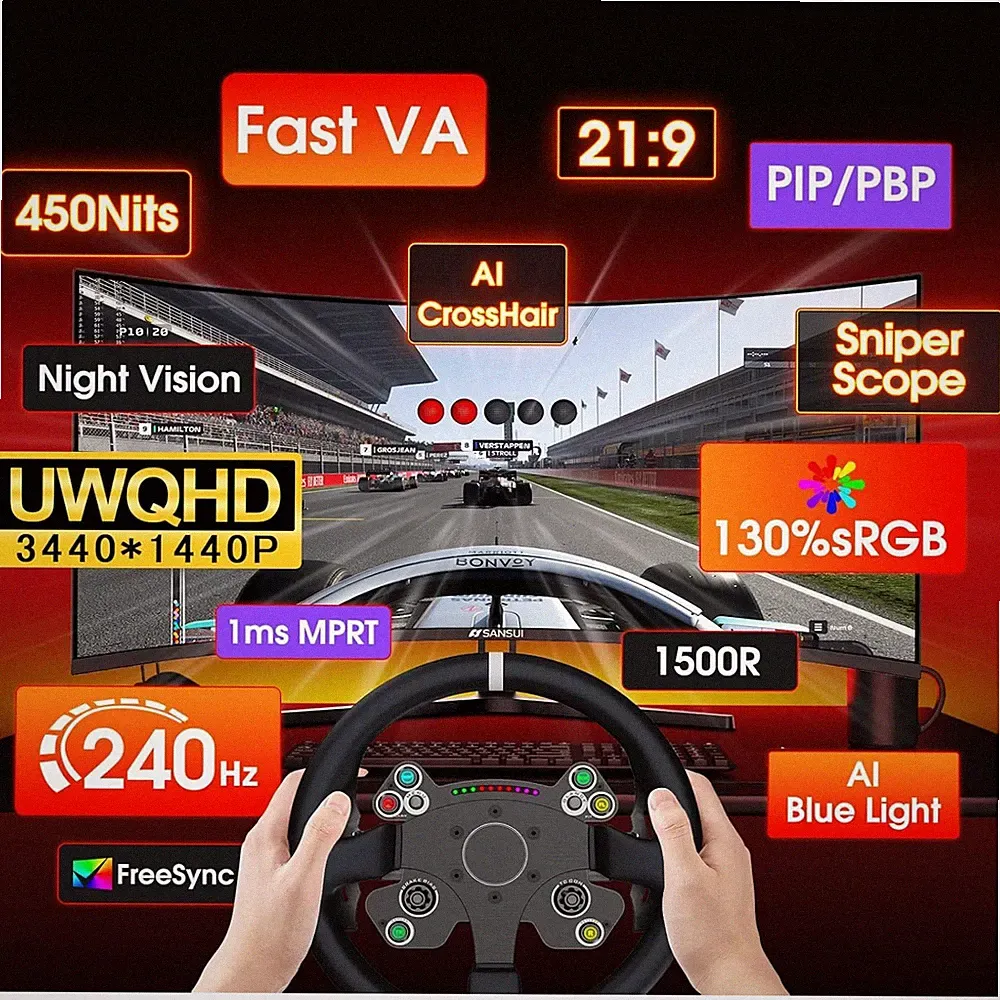 PIP/PBP 34" Curved Gaming Monitor 240Hz AI Crosshair