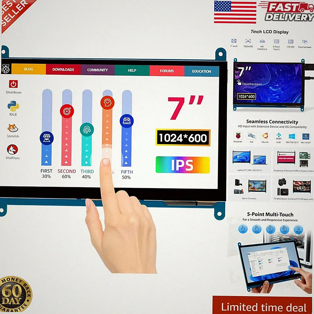 Portable 7 Inch LCD Touchscreen Monitor- Compatible with Raspberry Pi & Windows
