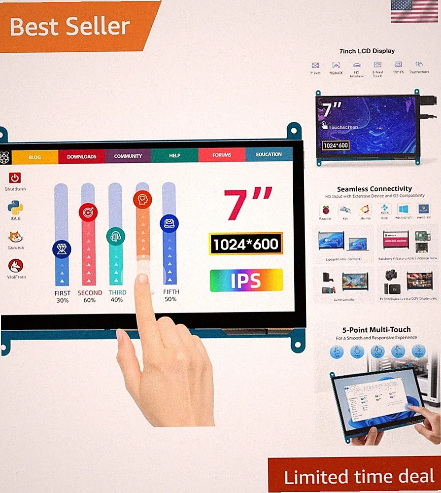 Portable 7 Inch LCD Touchscreen Monitor - Compatible with Raspberry Pi & Windows