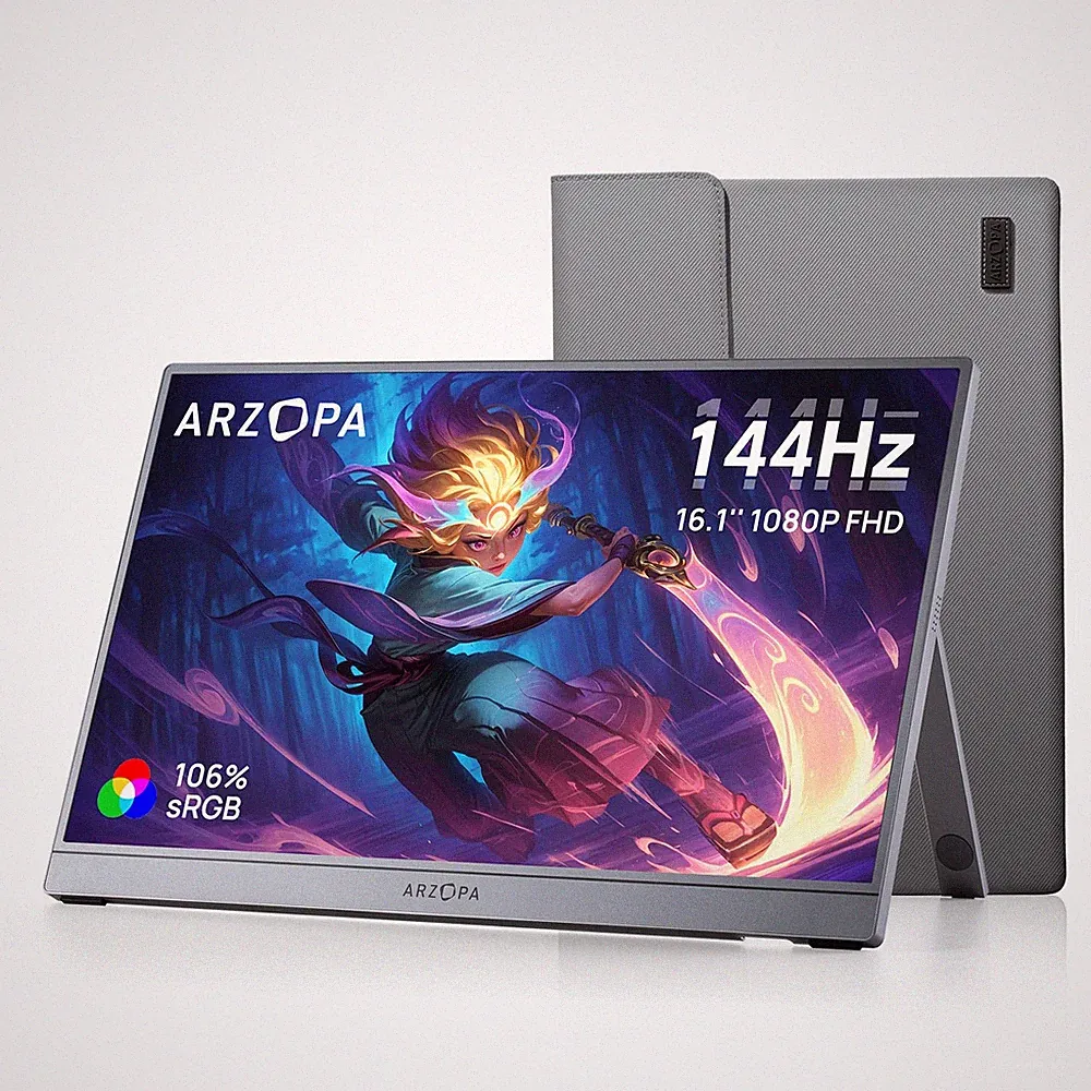 Portable Gaming Monitor 16.1 144Hz 1080P HDR ARZOPA Z1FC Gray sRGB Kickstand LED