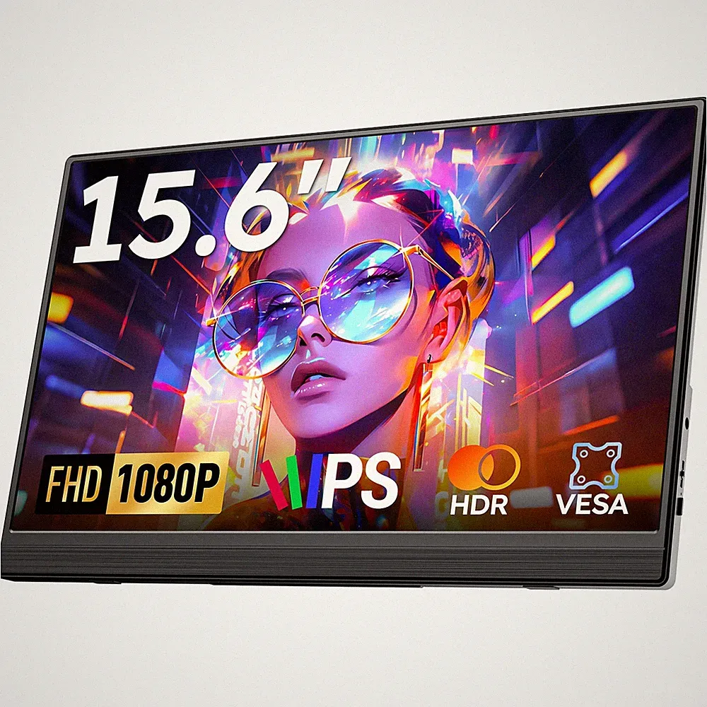 Portable Monitor 15.6" 1080P FHD USB-C HDMI IPS HDR Speakers Game PC Phone VESA