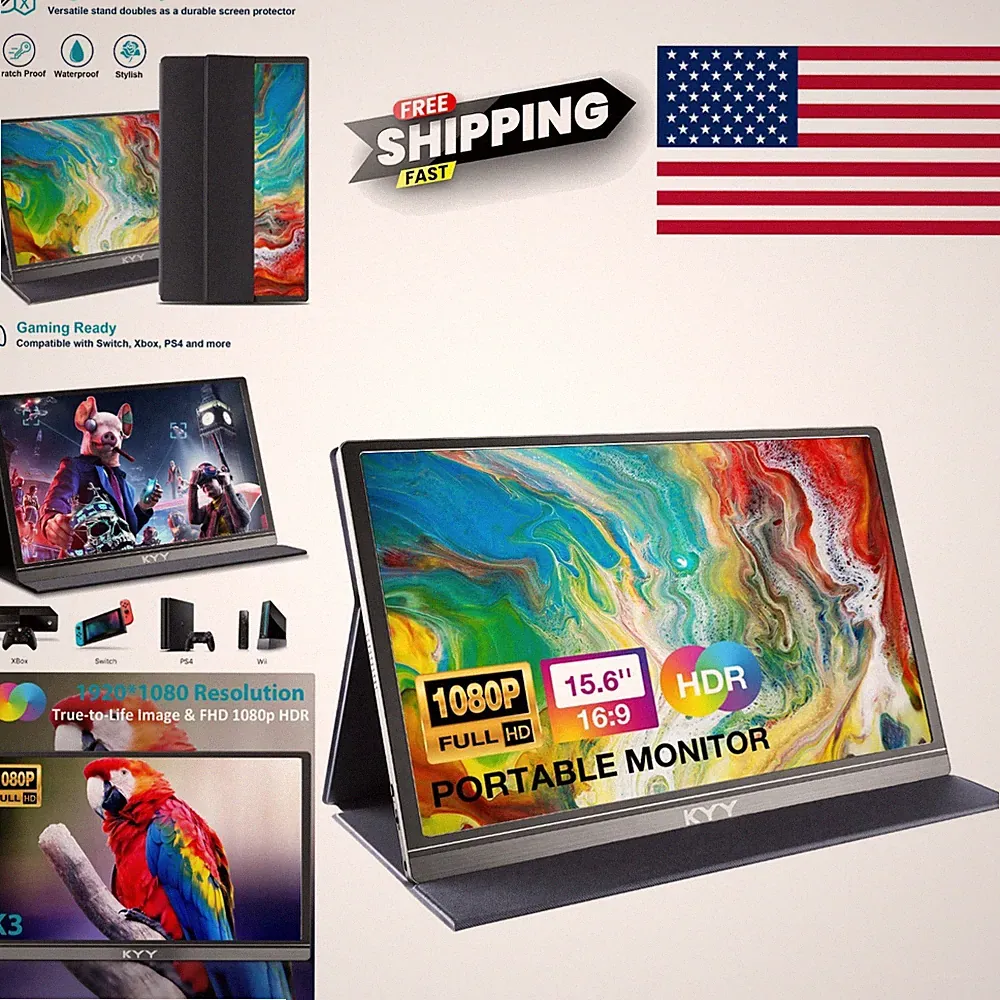 Portable Monitor 15.6 Inch Full HD 1080P for Laptop PC with Durable Smart Cover