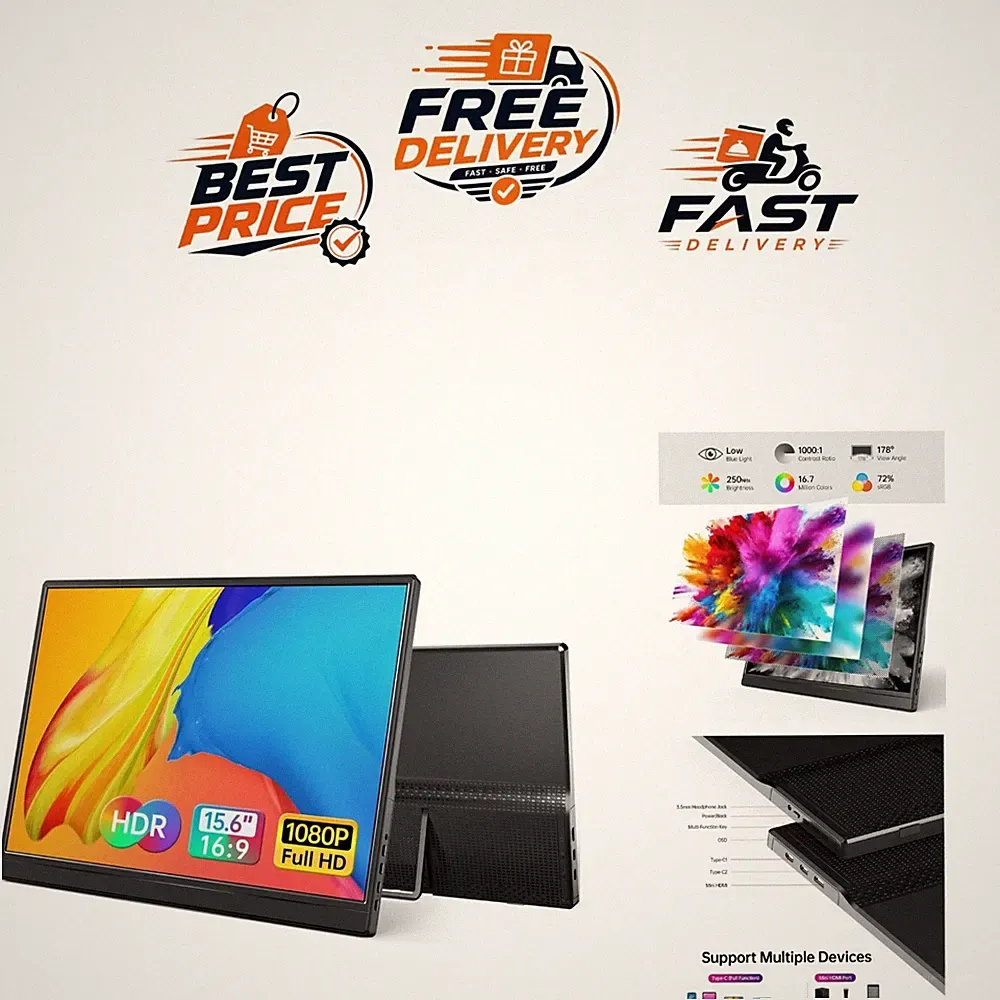 Portable Monitor 15.6in 1080p IPS HDR USB-C HDMI 60Hz Laptop Gaming