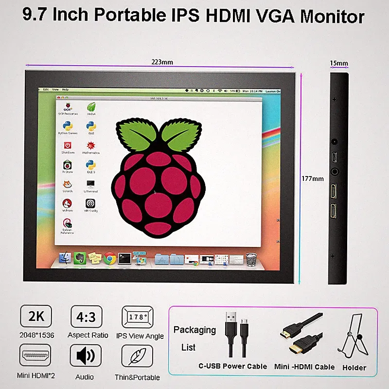 Portable Monitor 9.7'' IPS PC Screen Display Gaming for Raspberry PS4 XBOX DSLR