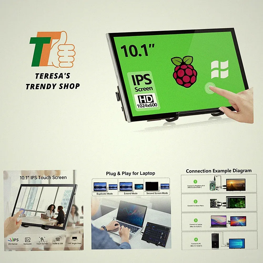 Raspberry Pi Screen, 10.1 Inch Touchscreen Monitor 1024x600 Small HDMI Monito...