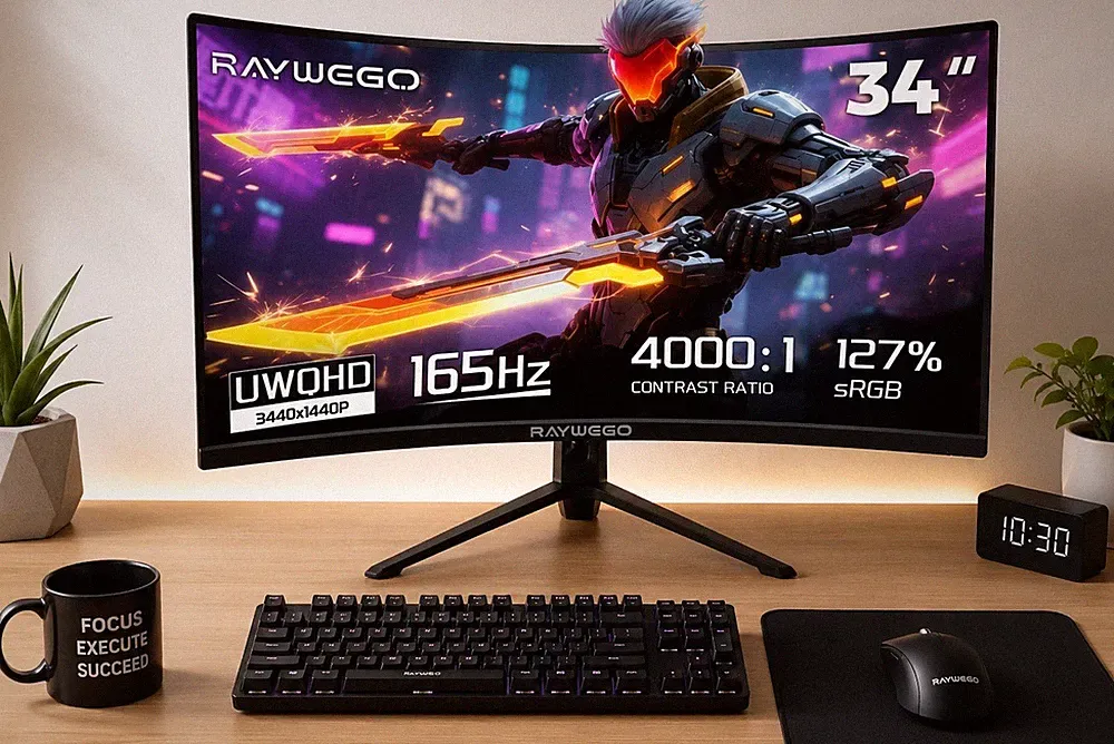 Raywego 34” Curved Gaming Monitor UWQHD 3440x1440 165Hz HDMI DP Ultrawide