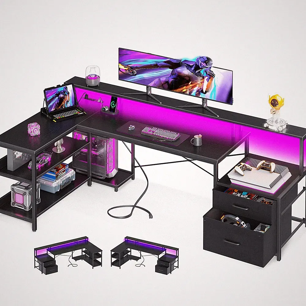 Reversible L Shaped Computer Desk Gaming Desk w/ Power Outlet & LED Strip,Black