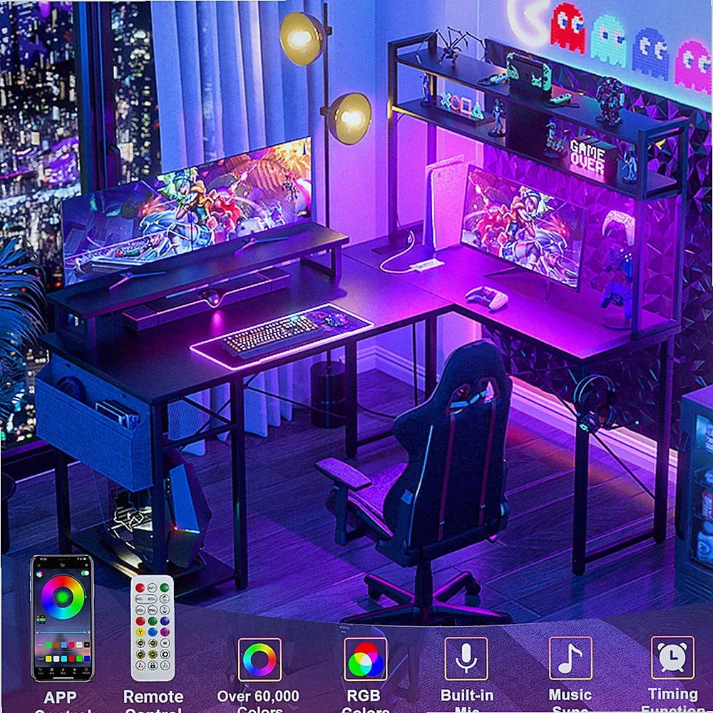 Reversible L-Shaped Computer Desk Gaming Desk with LED Lights and Power Outlets