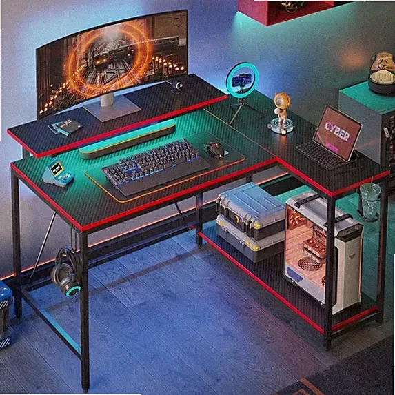 Reversible L-Shaped Gaming Desk with Monitor Stand, LED Lights& Headset Hooks