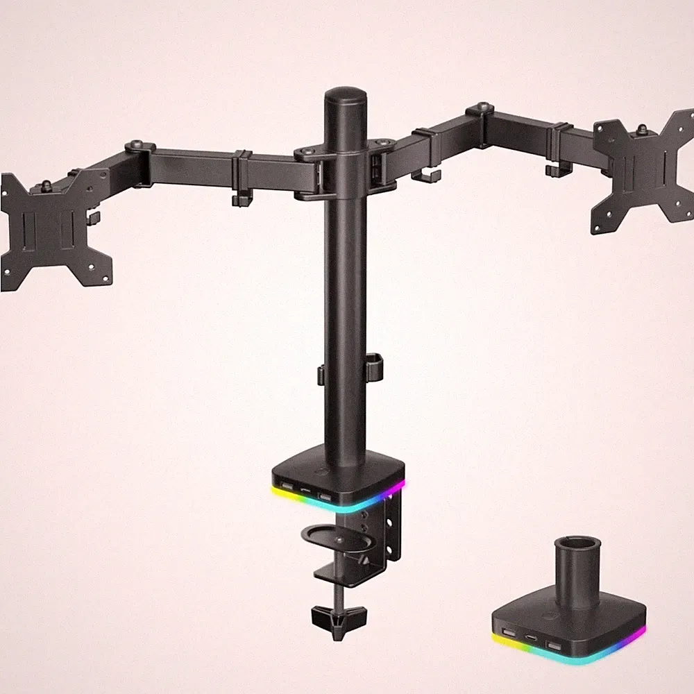 RGB Dual Monitor Stand with USB Hub, Dual Monitor Mount for 13-27 Inch Screen...