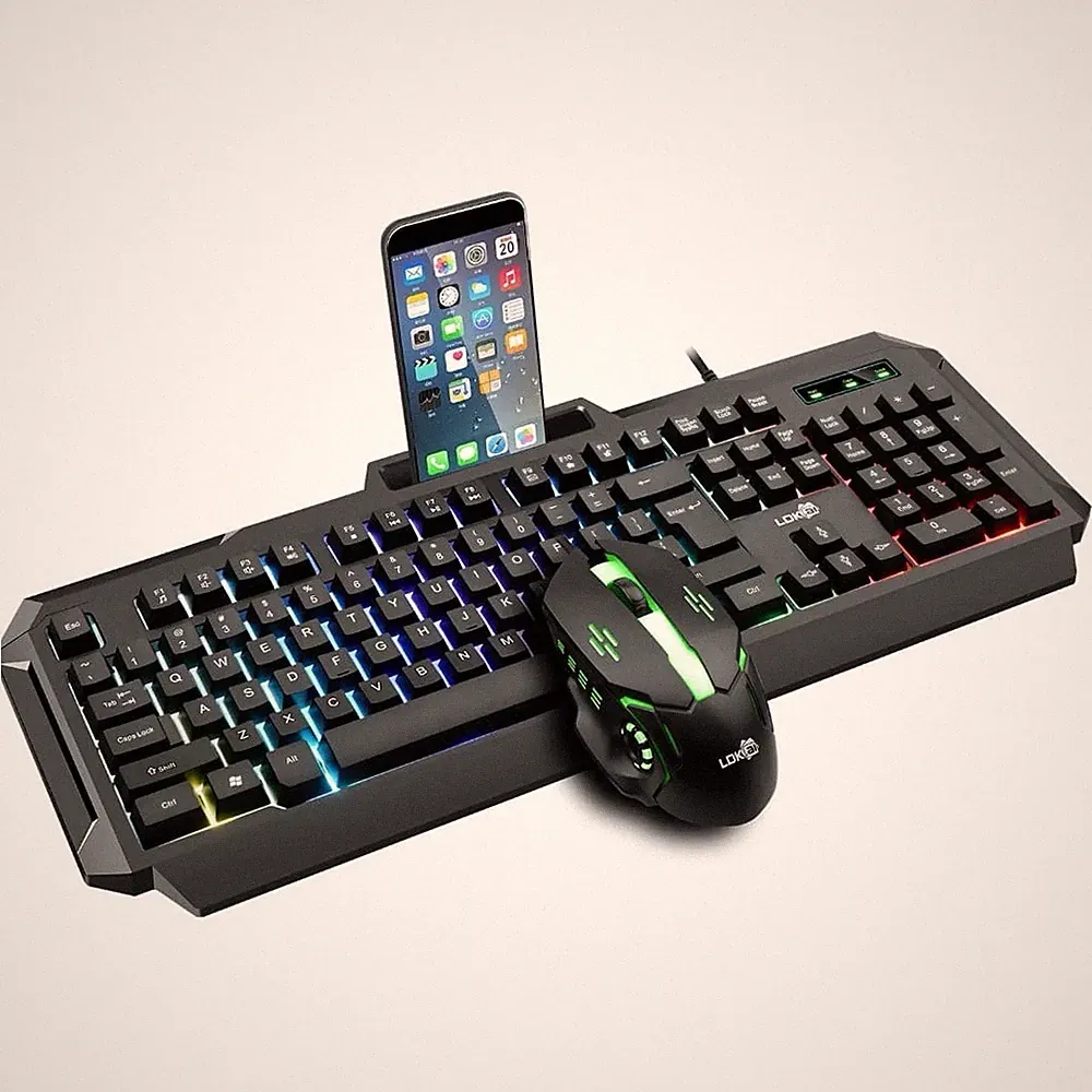 RGB Gaming Keyboard Mouse Bundle Panel Wired USB Holder