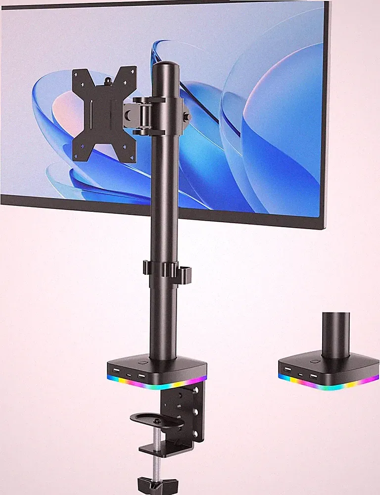 RGB Single Monitor Stand with USB Hub, Desk Mount for 13-27 Inch Screens, 1 USB