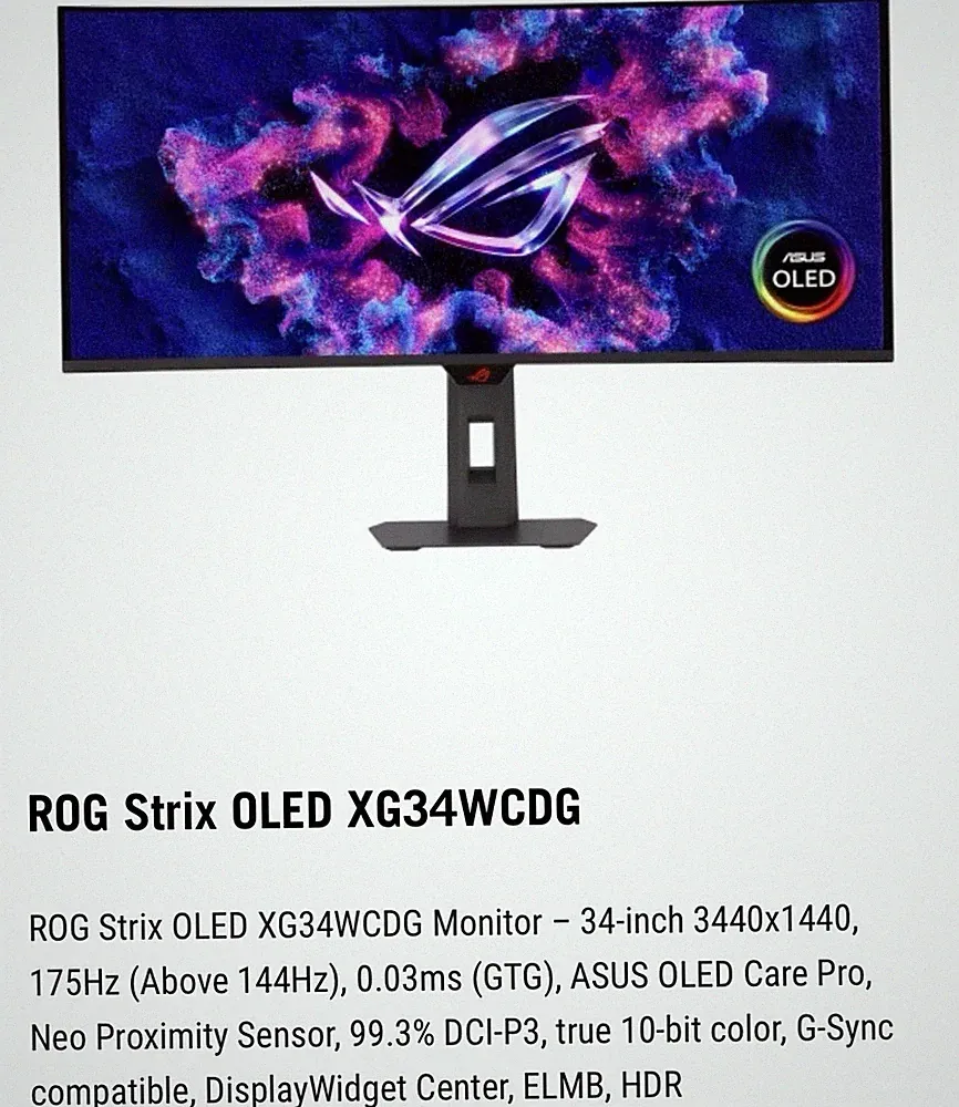 ROG Strix OLED XG34WCDG Monitor – 34-inch 3440x1440, 175Hz (Above 144Hz), 0.03ms