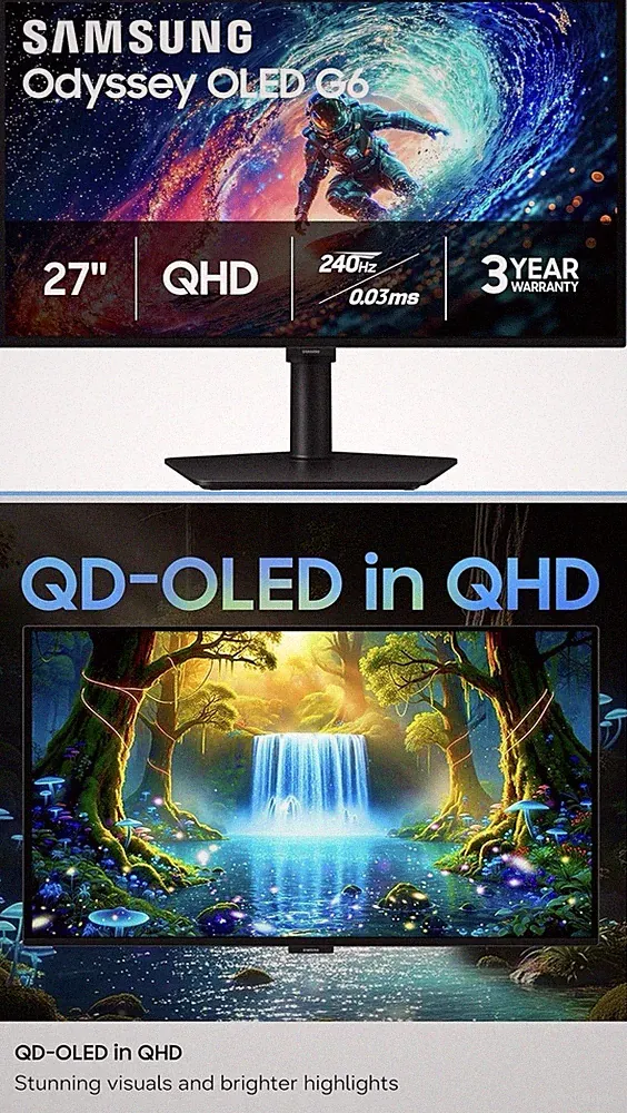 Samsung 27” Odyssey OLED G6 QHD 240Hz Gaming Monitor LS27DG610SNXZA New