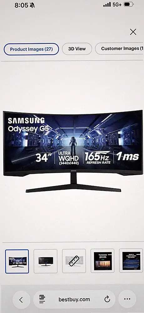 Samsung - 34” Odyssey G5 1000R Curved 1ms 165Hz QHD FreeSync Prem Gaming Monitor