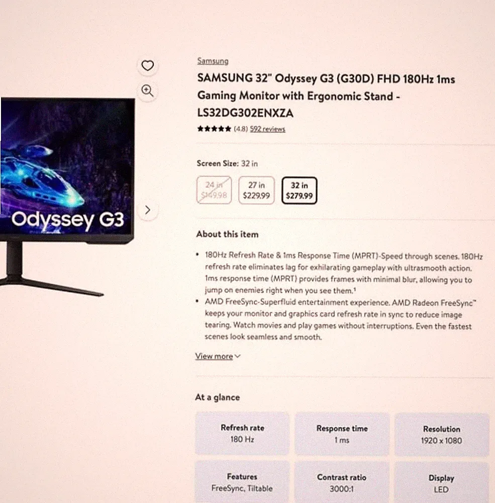 Samsung Odyssey G3 32" LED Gaming Monitor 180Hz 1ms FHD FreeSync Tiltable
