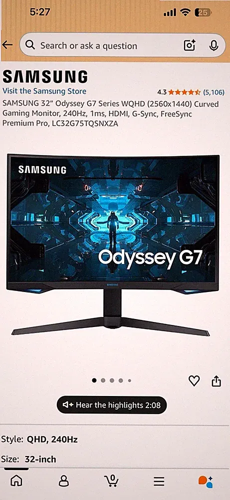 Samsung Odyssey G7 32" QHD Curved Gaming Monitor 240Hz 1ms 2560x1440 HDMI