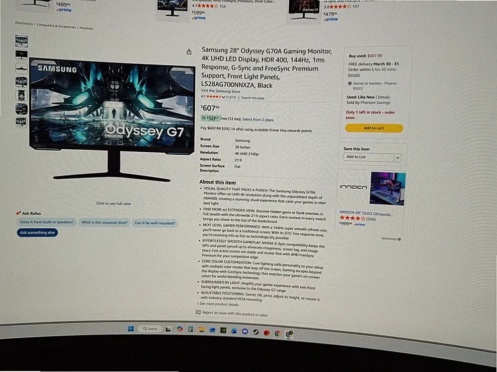 Samsung Odyssey G7 G70A 28" 4K UHD Gaming Monitor, 144Hz, 1ms, HDR 400
