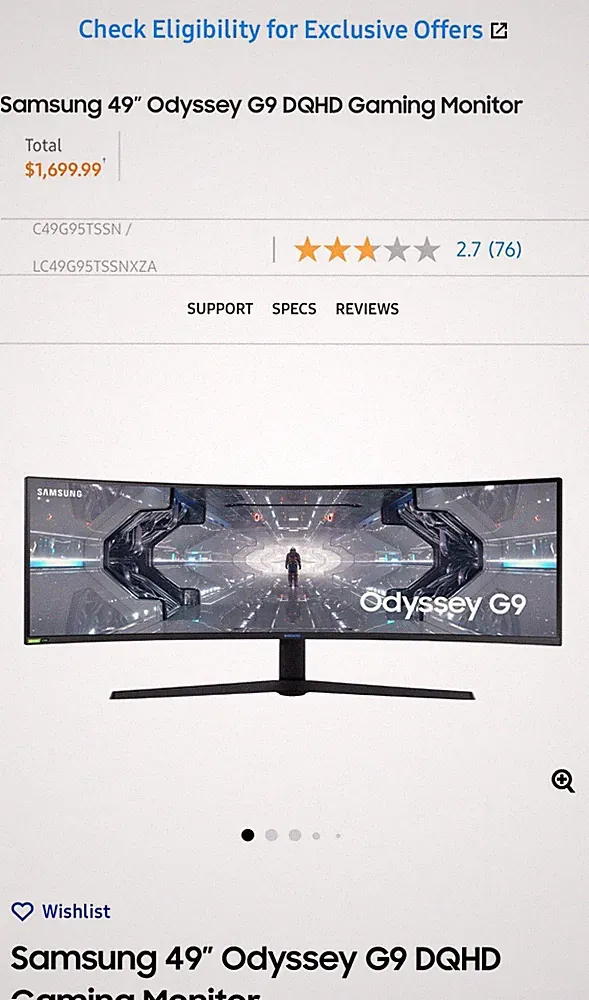 Samsung Odyssey G9 49" DQHD Curved QLED Gaming Monitor 32:9 Black White