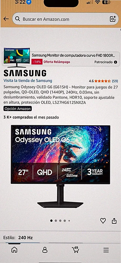 Samsung Odyssey OLED G6 27" QHD OLED 240Hz 0.03ms HDR10 HDMI/DP LS27HG612SNXZA