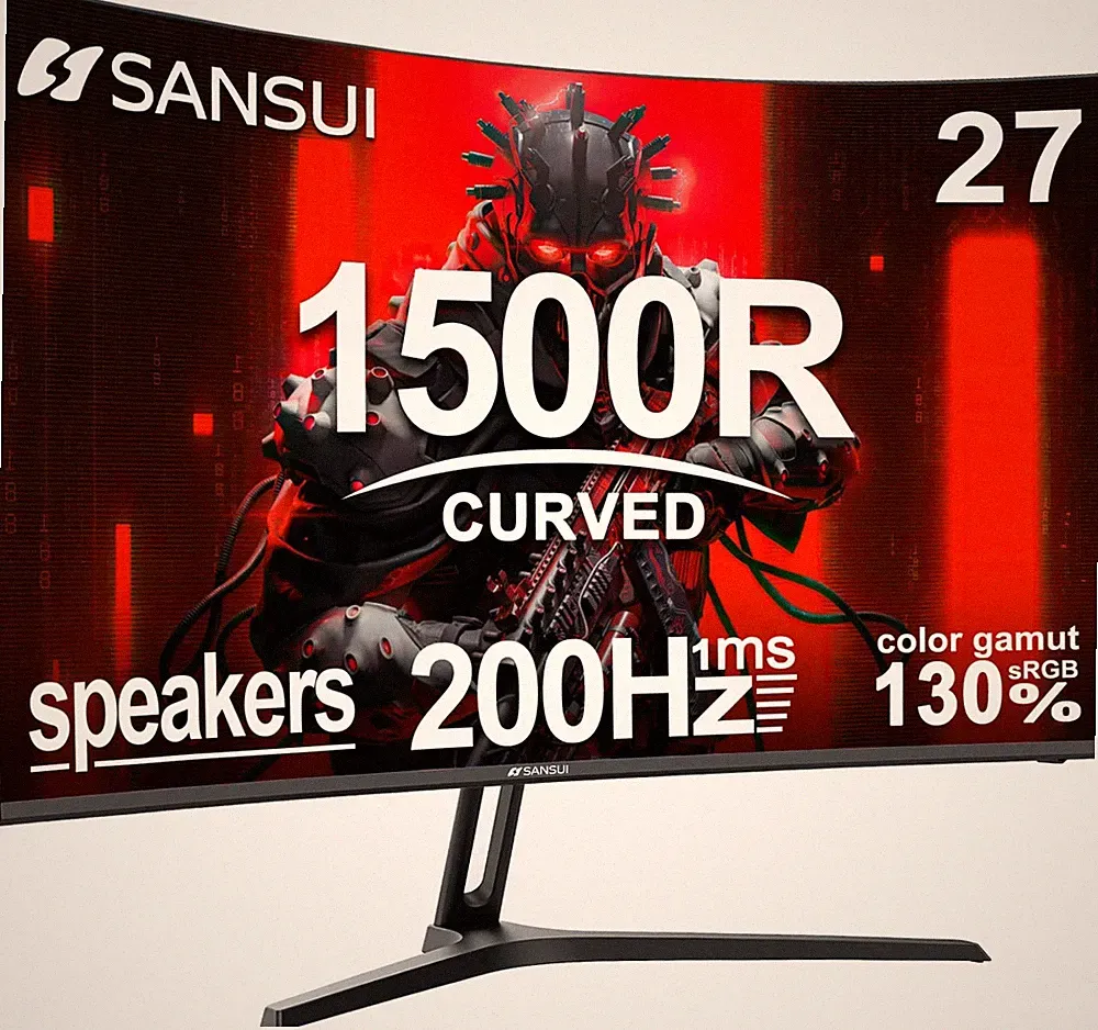 SANSUI 27" Curved Gaming Monitor 200Hz 1ms Speakers FHD 1080P FreeSync HDMI DP