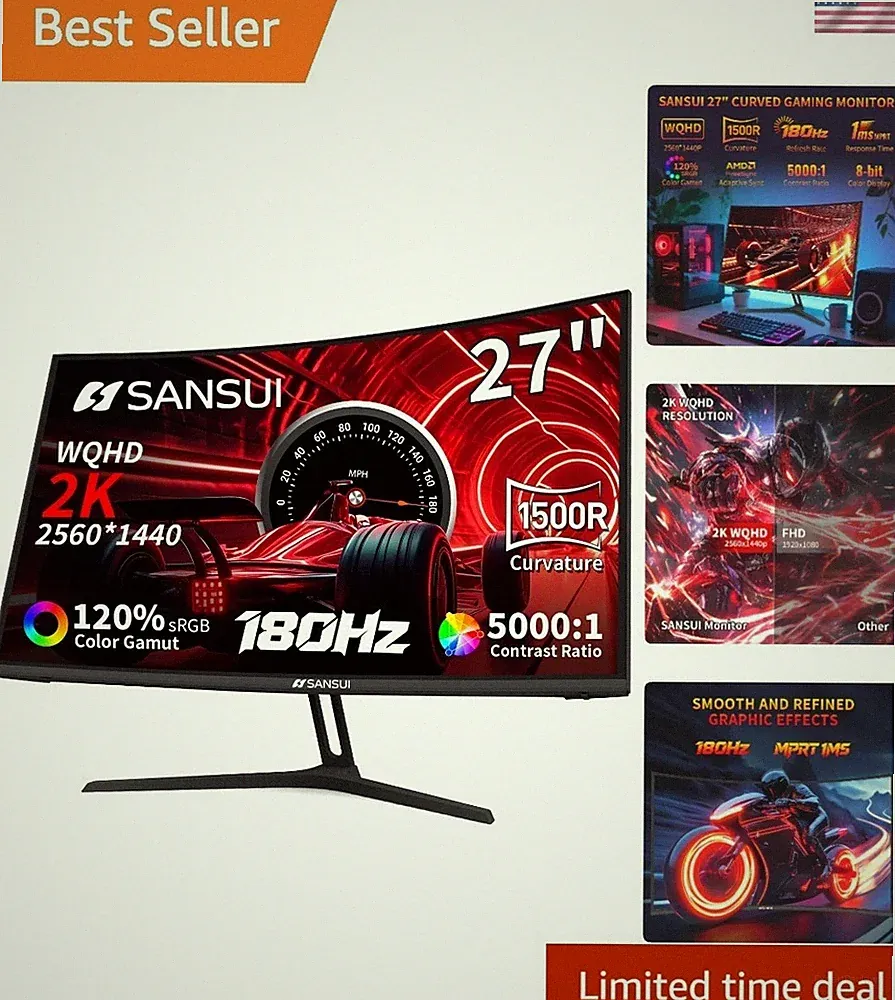 SANSUI 27 Inch WQHD 2560X1440 Curved Gaming Monitor, 180Hz MPRT 1ms Computer...