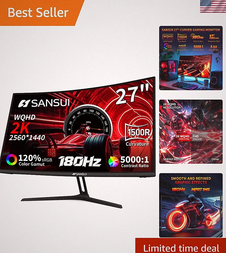 SANSUI 27 Inch WQHD 2560X1440 Curved Gaming Monitor, 180Hz MPRT 1ms Computer...