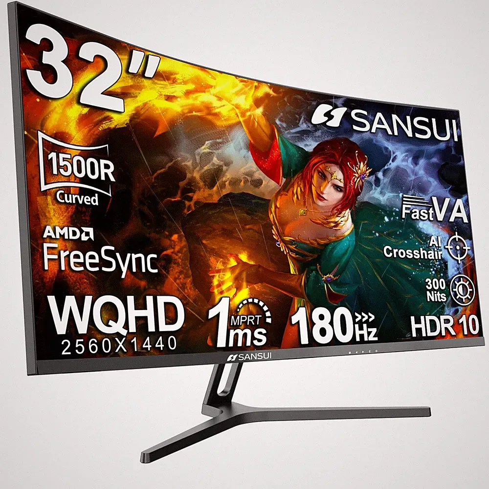 SANSUI 32 Inch 1500R Curved Gaming Monitor WQHD 2560x1440 180Hz Fast VA 1ms HDR