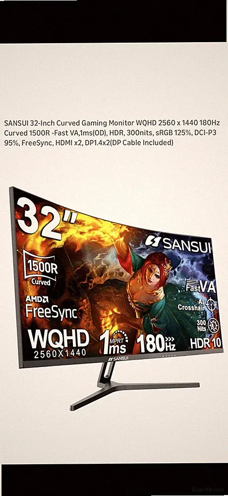 SANSUI 32-Inch Curved Gaming Monitor WQHD 180Hz 1ms HDR10 Adaptive-Sync HDMI DP