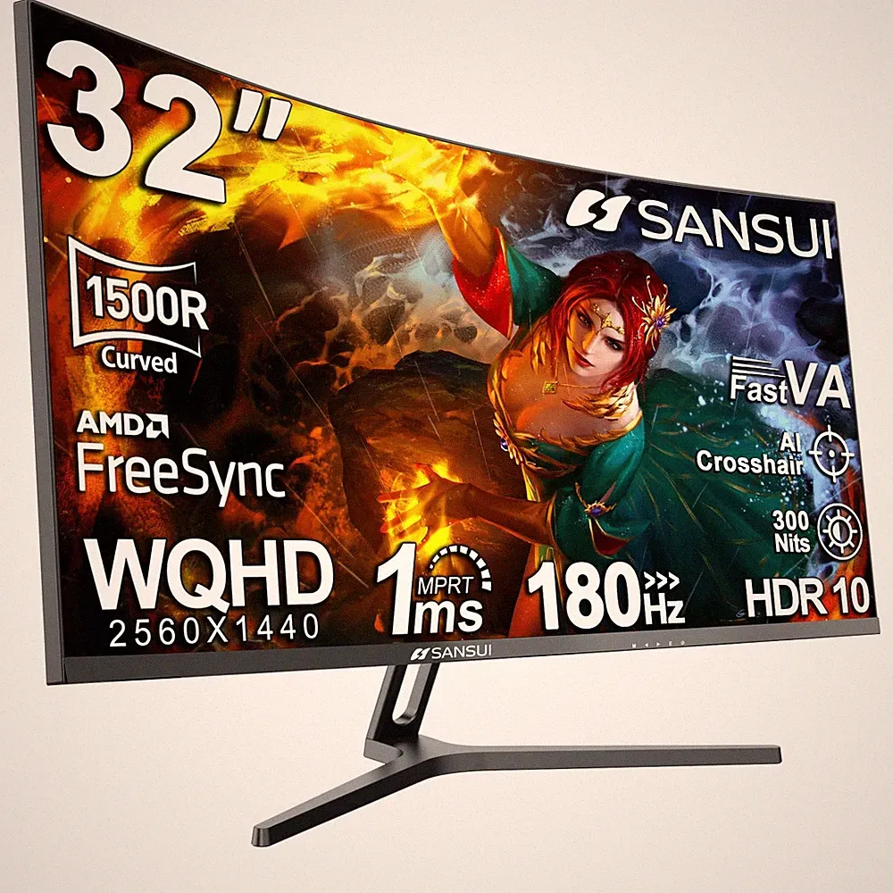 SANSUI 32-Inch Curved Gaming Monitor WQHD 2560 x 1440 180Hz 32 Inch, Black