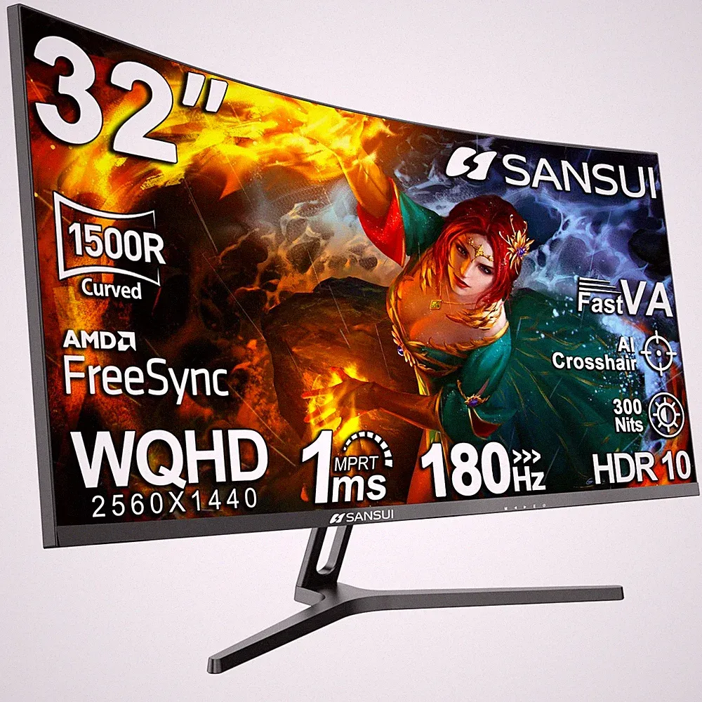 SANSUI 32-Inch Curved Gaming Monitor WQHD 2560 x 1440 180Hz Curved 1500R -Fas...