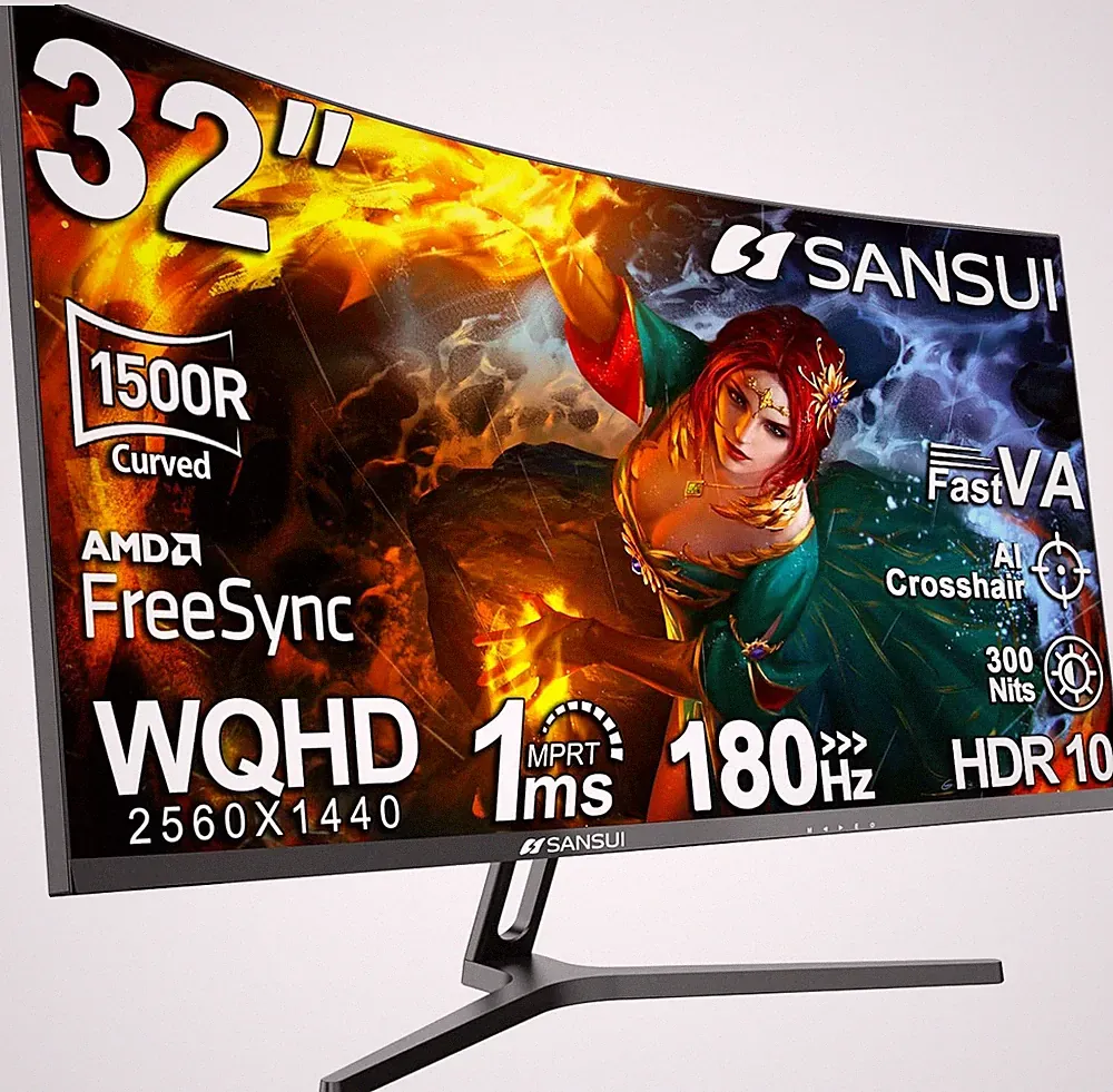 SANSUI 32-Inch Curved Gaming Monitor WQHD 2560 X 1440 180Hz Curved 1500R -Fast V