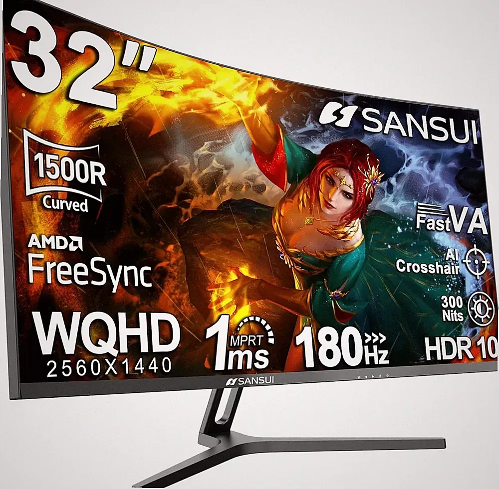 SANSUI 32-Inch Curved Gaming Monitor WQHD 2560 x 1440 180Hz Curved 1500R -Fast V