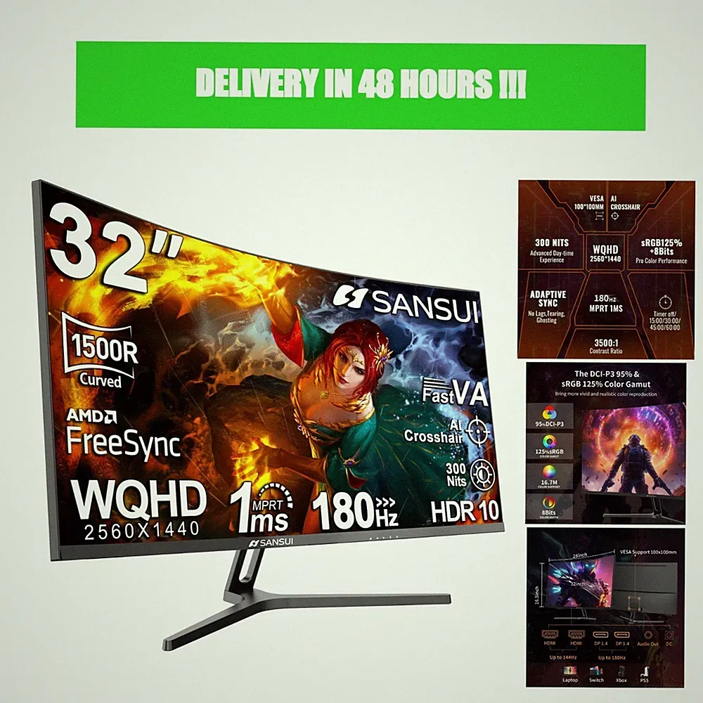 SANSUI 32in Curved Gaming Monitor WQHD 2560x1440 180Hz 1ms HDR