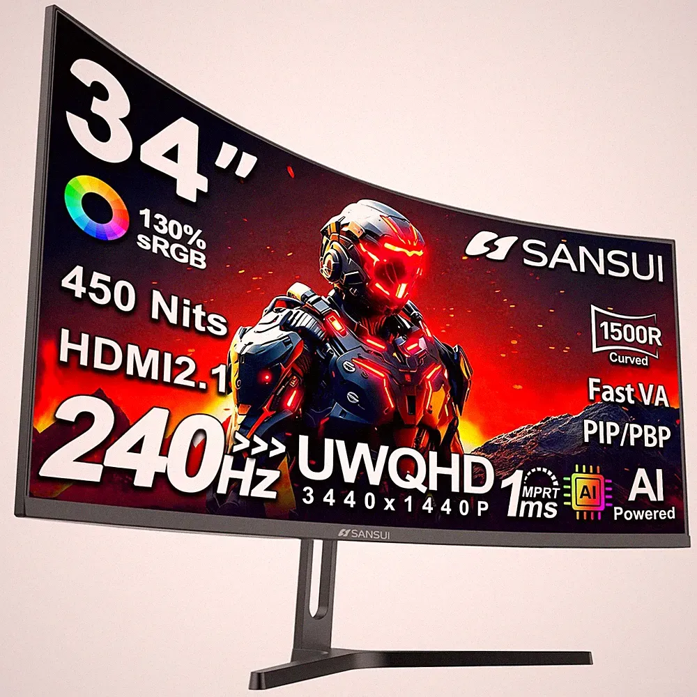 SANSUI 34" Curved 240Hz UWQHD 3440x1440 Gaming Monitor Fast VA HDR400