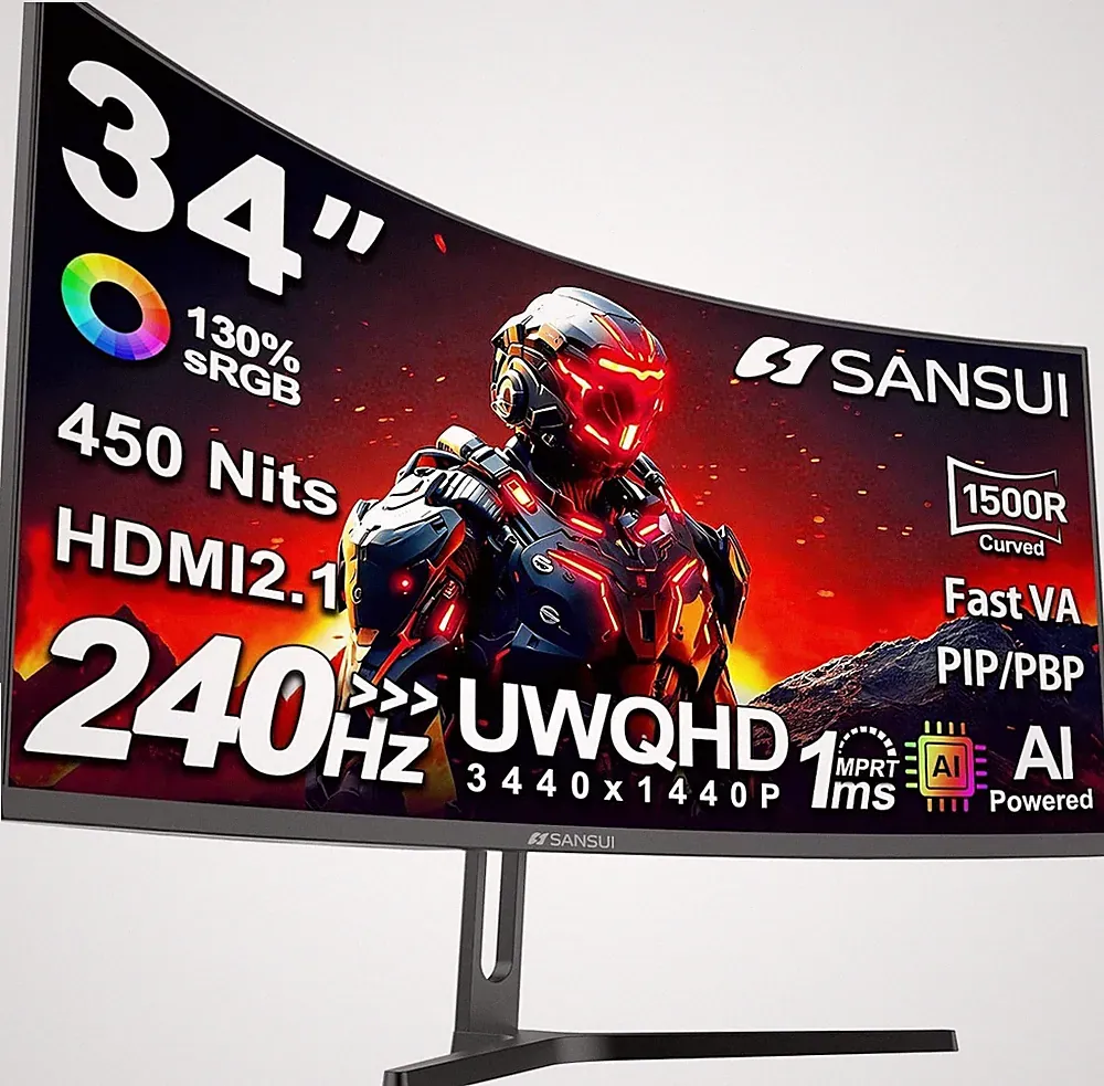 SANSUI 34" Curved 240Hz UWQHD 3440x1440 Gaming Monitor Fast VA HDR400