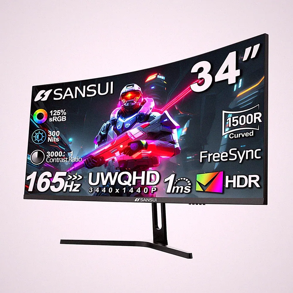 SANSUI 34-Inch Curved Gaming Monitor UWQHD 3440 x 1440 165Hz Curved 1500R - P...