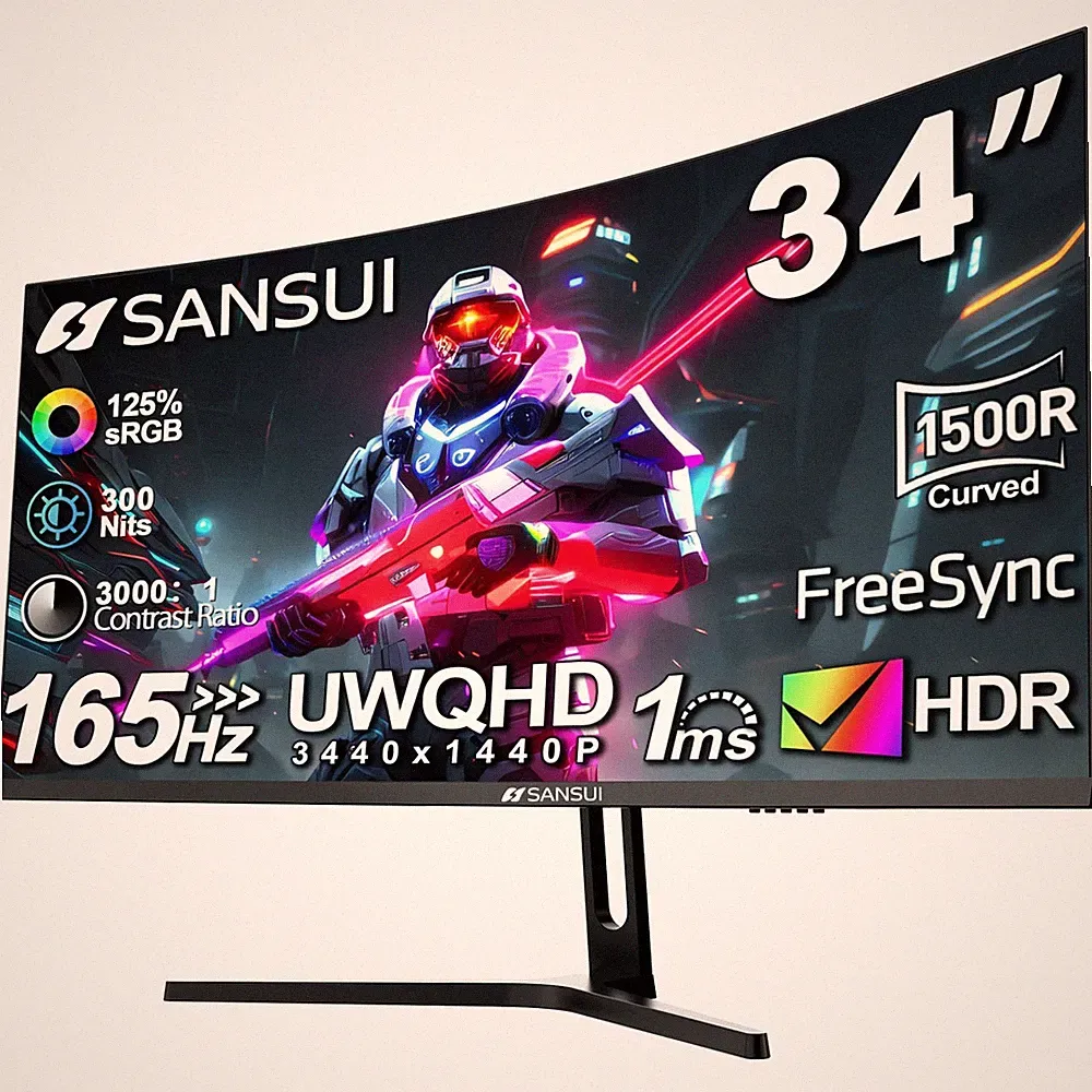 SANSUI 34-Inch Curved Gaming Monitor UWQHD 3440 x 1440 165Hz Curved 1500R - P...